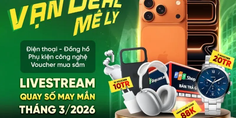 Hình ảnh giải thưởng iPhone 17 Pro Max 1TB trị giá 60 triệu đồng và loạt các voucher quà tặng khác từ FPT Shop & Fossil trong chương trình "F Family - Vạn Deal Mê Ly" được đăng tải trên trang Facebook chính thức của FO88.